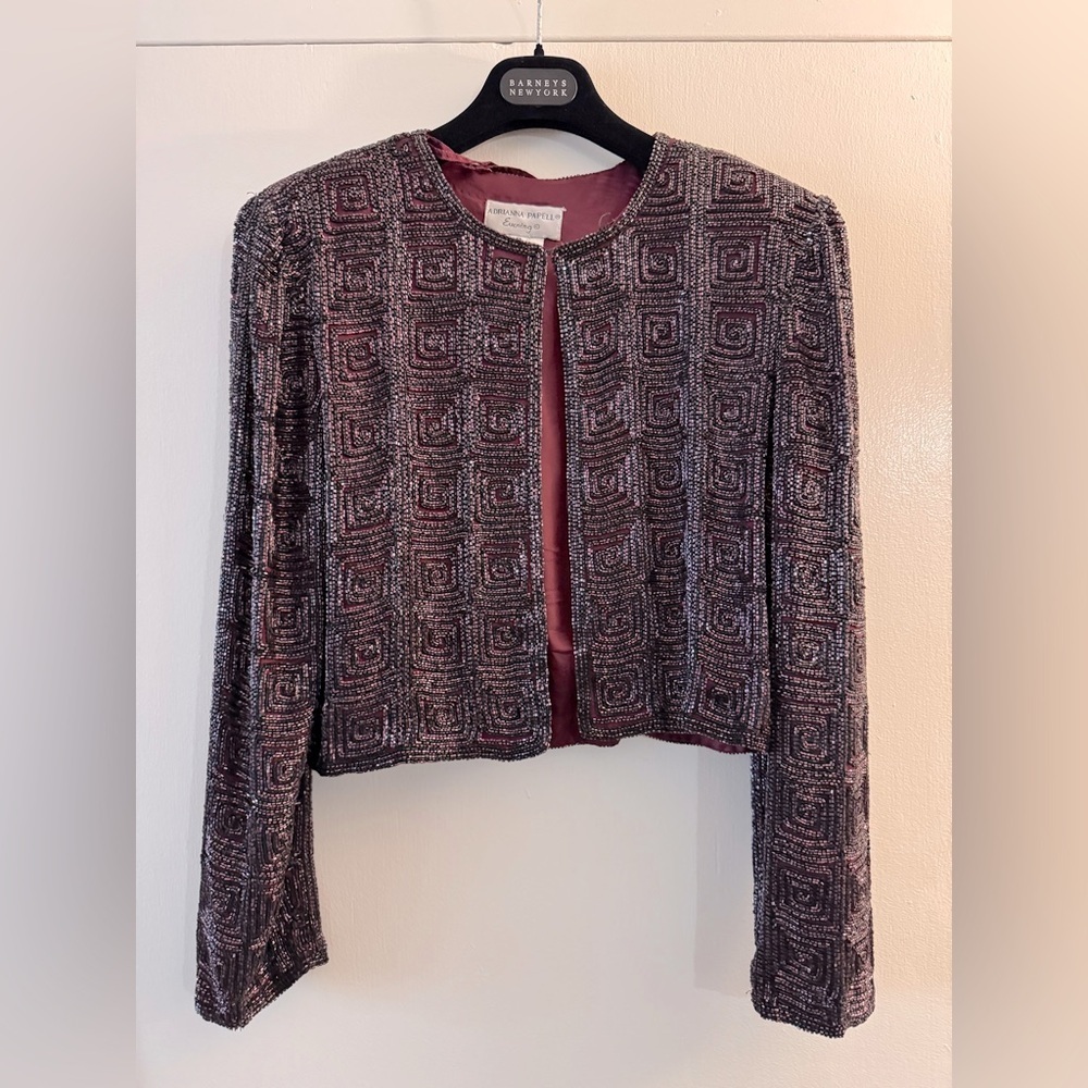 Adrianna PAPELL BOUTIQUE EVENING BEADED & SILK STUNNING JACKET Burgundy Small